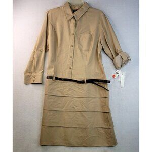 Sharagano Ruffled Shirt Dress Size 14 Safari Belted Western Equestrian Neutral